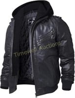 FLAVOR Men's Leather Jacket Hoodie  XL Black