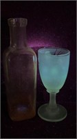 Painted Saki & SB Bottle, Uranium Glass