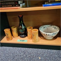 B583 Asian Vase & wood glasses Ornate bowl cracked