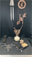 Wind chimes, vintage hooks, feather vase