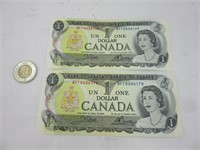 2 billets 1$ Canada 1973 avec numéro de série