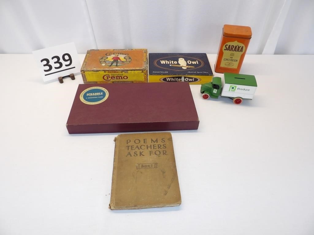 Scrabble, Cigar Boxes, Saraka Tin, Old Book