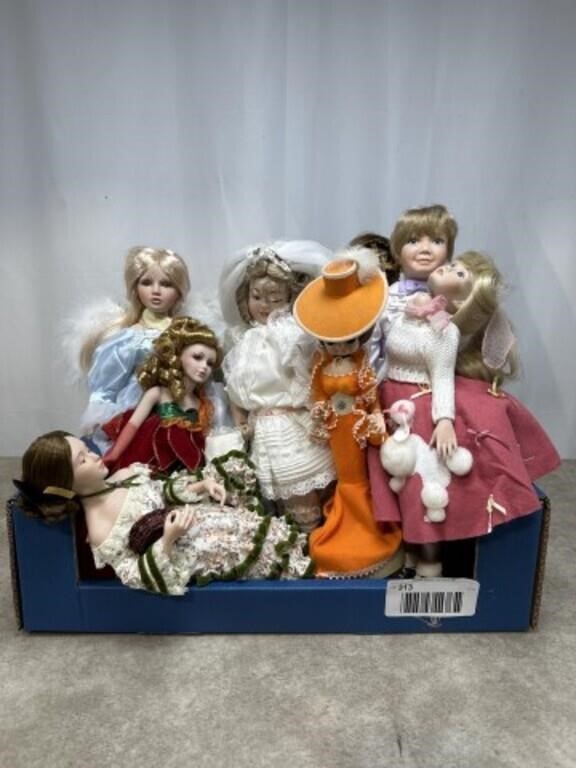 Porcelain and cloth dolls, approximately 17” tall