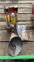 Vintage oil can , vintage funnel, camp dry spray,