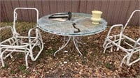 PATIO TABLE, CHARS, FIRE PIT &VINTAGE WHEEL BARROW