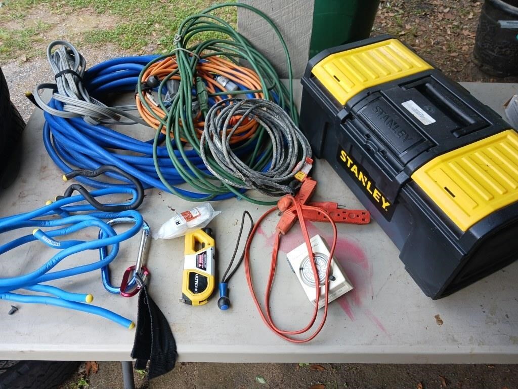 Air hose, extension cords and toolbox