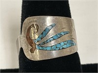 Sterling Inlaid Turq. & Coral Ring 5.7gr TW Sz 7