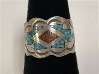 Sterling Inlaid Turq. & Coral Ring 5.0gr TW Sz