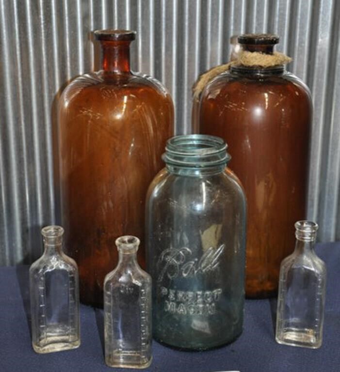 Large amber cork bottles, 2-QT blue Ball jar