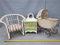 Doll Baby Buggy, Small Wicker Rocking Chair