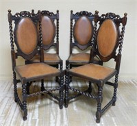 Leather Upholstered Barley Twist Oak Chairs.