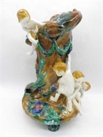 Majolica Style Large Putti Accented Vase.