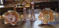 Carnival Glass Bowls and Pink Glass Candlesticks.