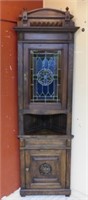 Stained Leaded Glass Door Oak Corner Cabinet.