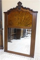 Fabric Accented Oak Framed Beveled Mirror.