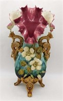 Large Majolica Dragon Handled Vase.