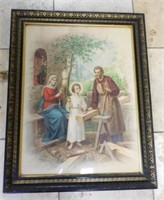 Well Framed Holy Family Print Under Wavy Glass.
