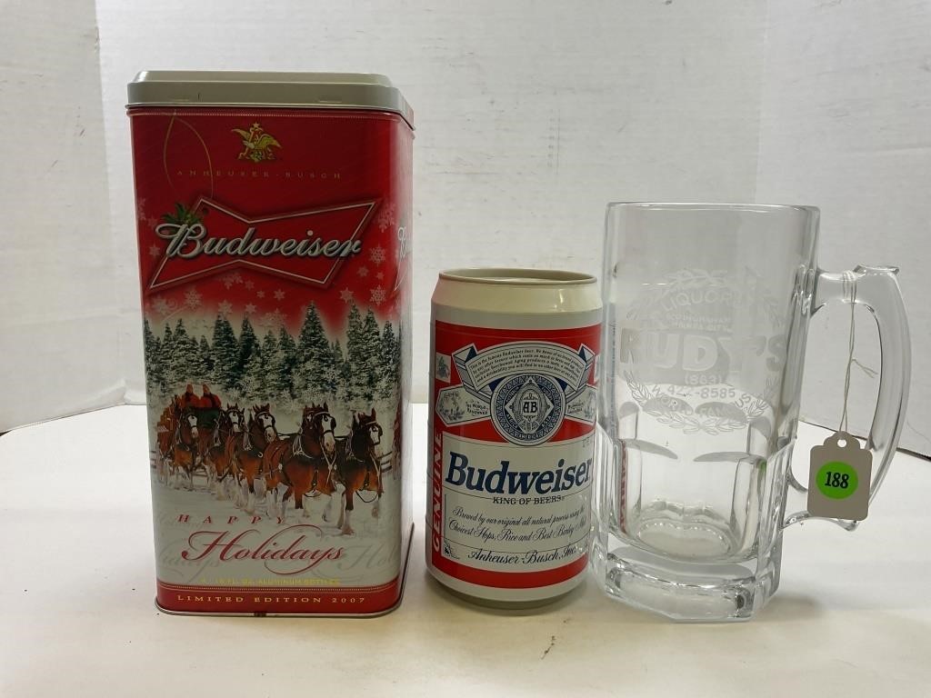 Budweiser tin with beer can coaster set & Rudy's