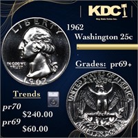 Proof 1962 Washington Quarter 25c Graded pr69+ BY