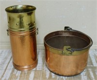 Brass And Copper Kindling Pot and Umbrella Stand.