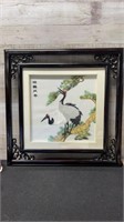 Asian Hand Embroidered On Silk Cranes On Branch In