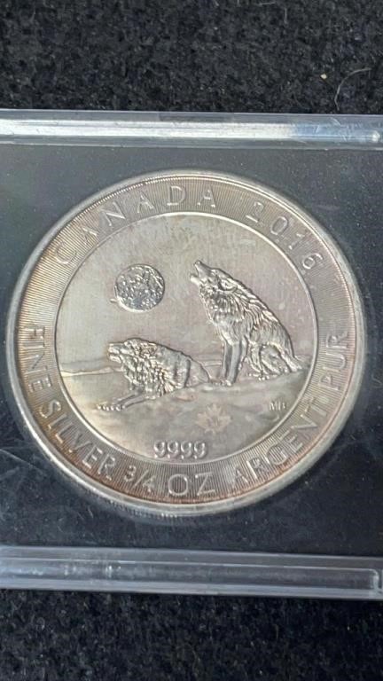 2016 Fine 3/4 tr oz Silver Coin Canada Howling Wol
