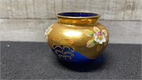 Vintage Cobalt Art Glass Small Vase With Gold Flor