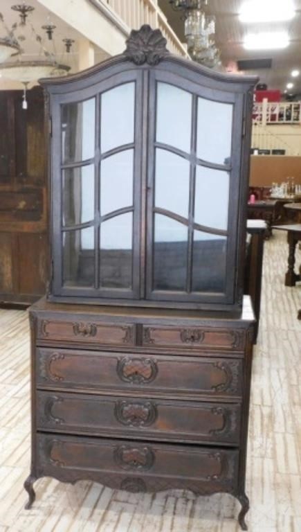 Louis XV Wavy Glass Door Oak Bookcase on Chest.