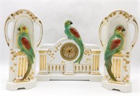 Art Deco A.M.C. Belgium Parrot Clock and Vases.
