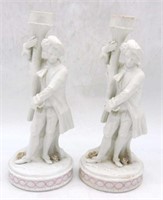 Colonial Figure Bisque Porcelain Candlesticks.