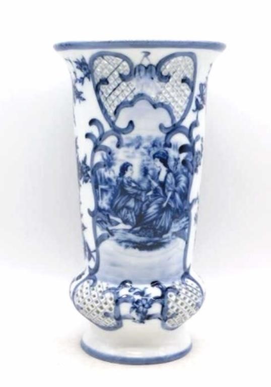 Courting Couple Blue and White Reticulated Vase.
