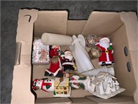 box lot of Christmas figurines and candles