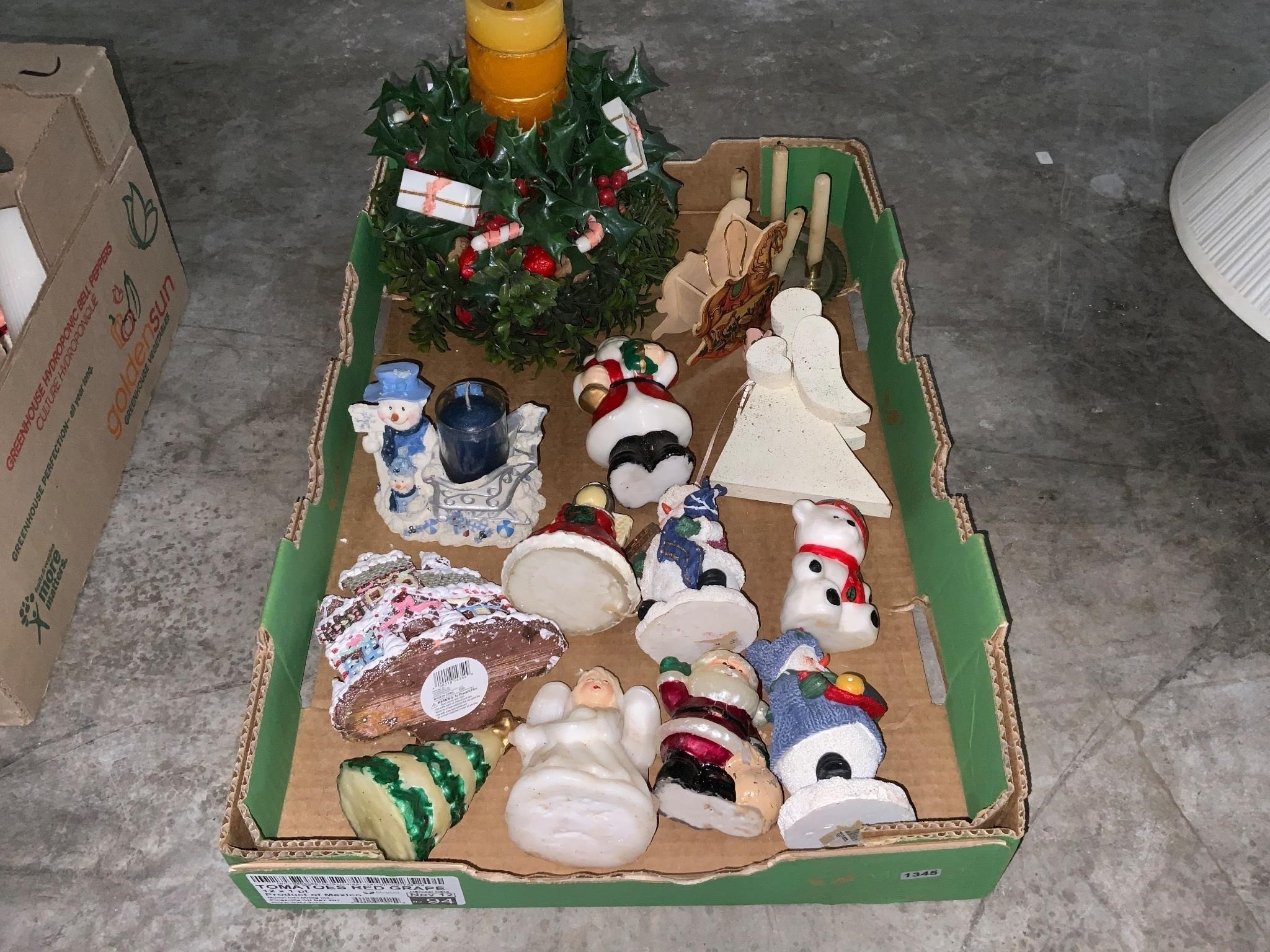 box lot of Christmas figurines and candles