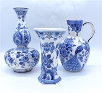 Blue Delft Hand Painted Signed Pitcher and Vases.
