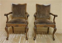 Acanthus Carved Hoof Footed Walnut Armchairs.