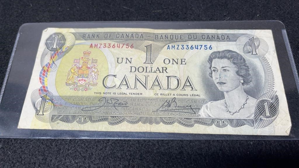 1973 Circulated Canadian 1 Dollar Bill