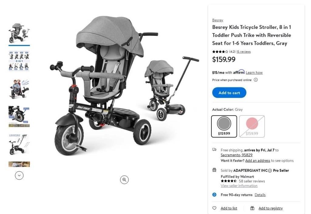 E3565  Besrey Kids Trike Stroller, 8-in-1, Gray