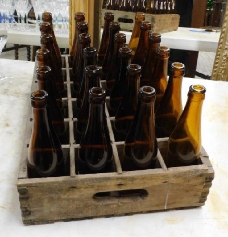 Advertising Crate with Vintage Amber Bottles.