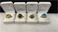 4 size 10 costume jewelry rings, ring boxes, not