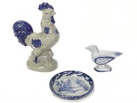 Blue Salt Clay Style Pottery Rooster Bird Plate