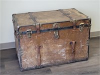 ANTIQUE STUDDED WOOD TRUNK 32.5" X 24"