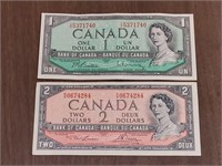 CANADIAN 1954 - $1.00 & $2.00 DOLLAR NOTES