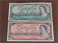 CANADIAN 1954 - $1.00 & $2.00 DOLLAR NOTES