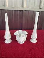 Fenton hobnail vases and ruffled vase