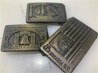 3 postage stamp style vintage belt buckles.