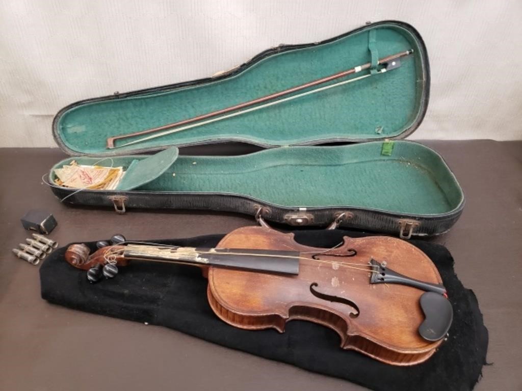 Antique Violin in Case w/ Tuner, Resin & Strings.