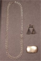 (.835) Silver Necklace, Sterling Earrings + Buckle