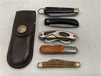 LOT OF 5 ASSORTED KNIVES & LEATHER SHEATH WITH