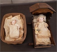 Pair of Vintage Porcelain Baby Dolls in Cribs