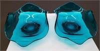 Pair of Pretty Teal Glass Dishes